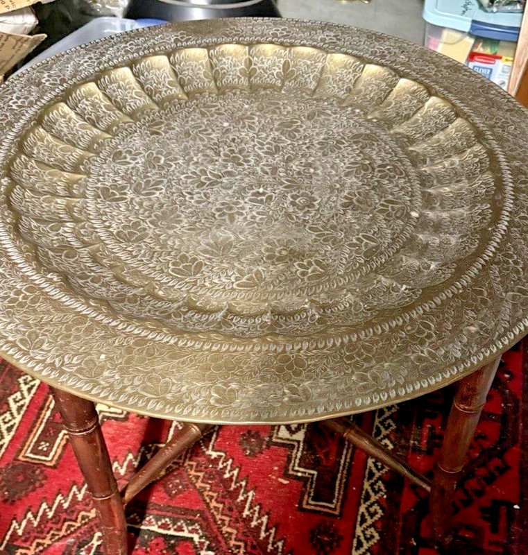 Vintage Removeable Brass Tray Top Coffee Table w/Faux Bamboo foldable base gallery