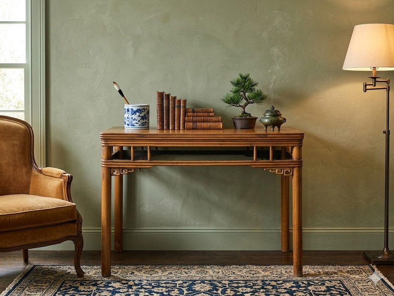 Vintage Honey Wood Tone Ming Style Round Legs Console Altar Table GB613 gallery
