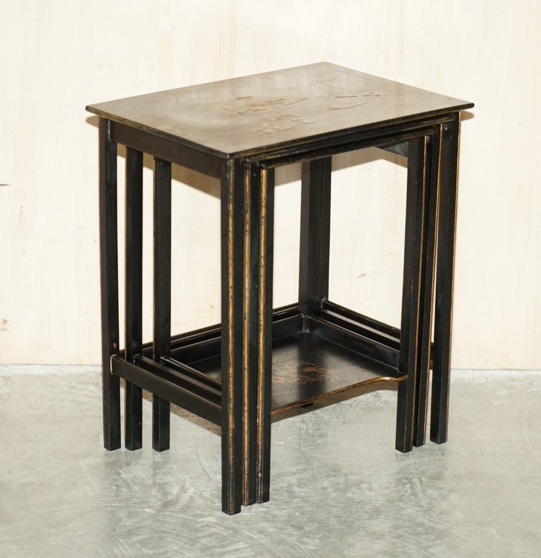 NEST OF THREE CIRCA 1900 CHINESE CHINOISERIE LACQURERED SIDE TABLES HAND PAINTED gallery