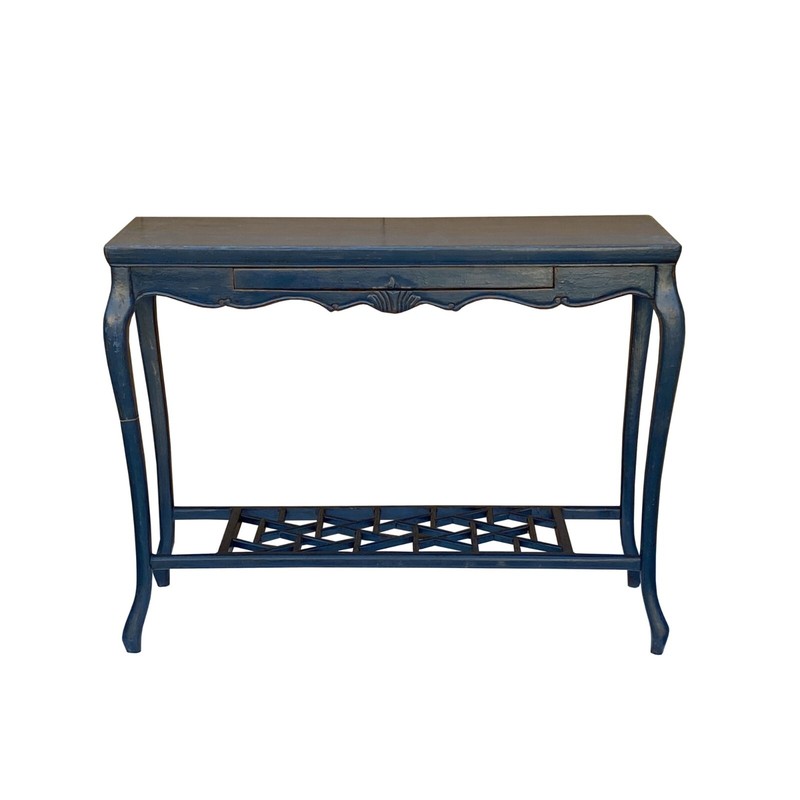 Chinese Distressed Blue Lacquer Apron Curve Legs Console Side Altar Table cs7760