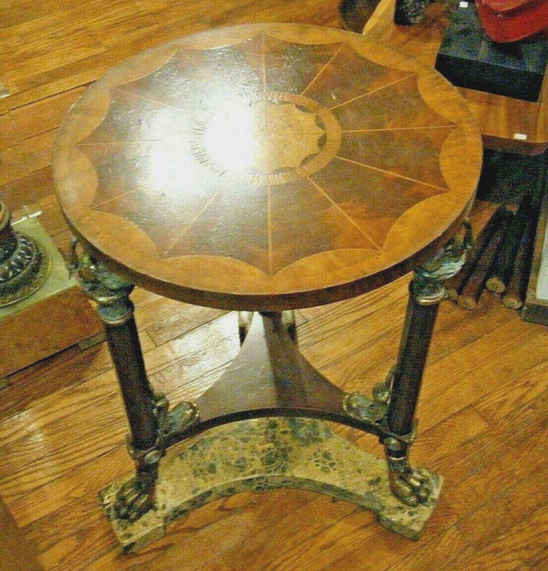 Vintage 80s Maitland Smith French Empire 21″ Round Veneered Table Swans Dolphins
