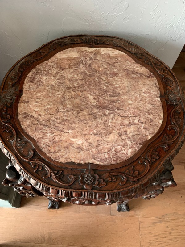 ANTIQUE ROUND TALL CARVED ROSEWOOD RED MARBLE TABLE WITH LOCAL PICK UP ONLY***** gallery