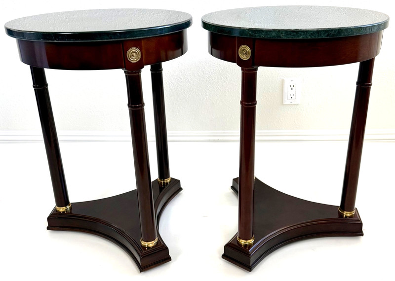 Bombay Co French Empire Neoclassical Style Mahogany Marble Side Table, a Pair gallery