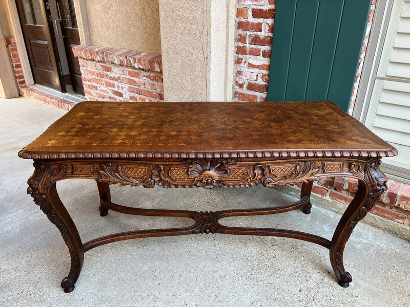 Antique French Center Library Table Louis XV Carved Oak Rococo Parquetry c1890 gallery