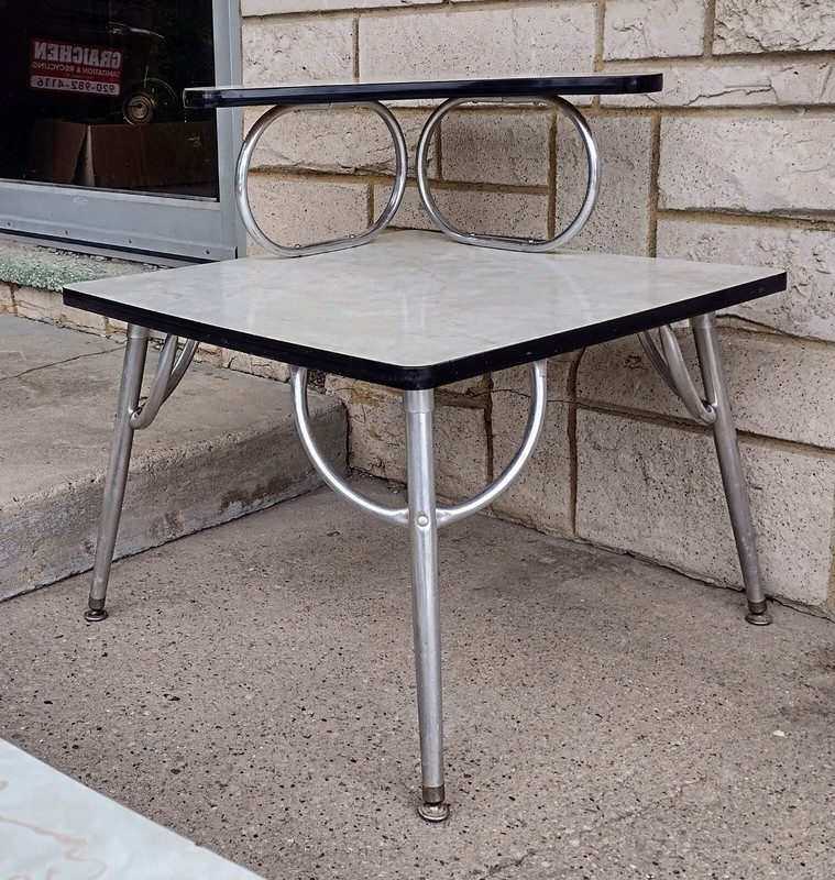 Vintage Atomic MCM Swedish Formica & Chrome Coffee & 2 Tier Step End Table Set gallery