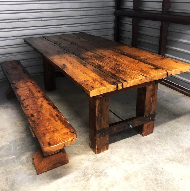 Antique Farmhouse 8′ Farm Table & Bench Reclaimed Mill Sawn Wood (Valley, AL)