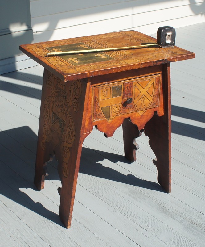 RARE ARTS & CRAFTS/ TUDOR REVIVAL SIGNED PYROGRAPHY TABLE W/ EXTENSIVE ORNAMENT gallery