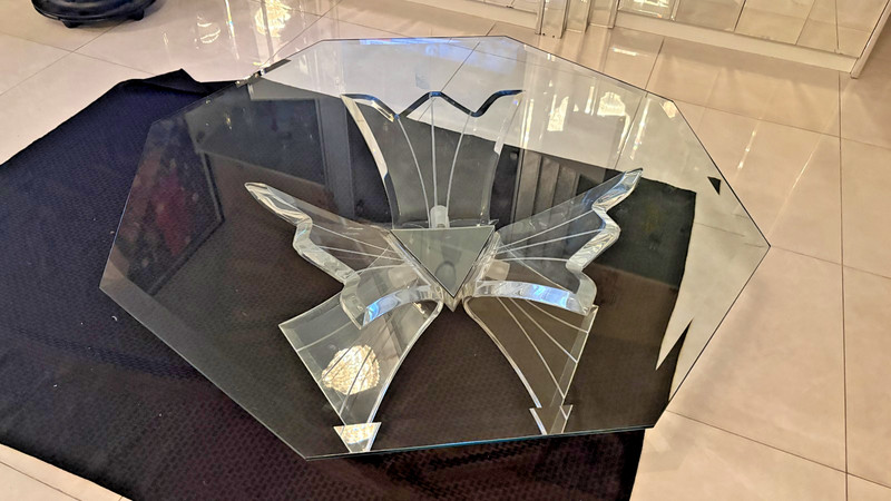 LUCITE FROM REFINED FURNISHINGS BUTTERFLY WING GLASS COFFEE TABLE -MCM gallery