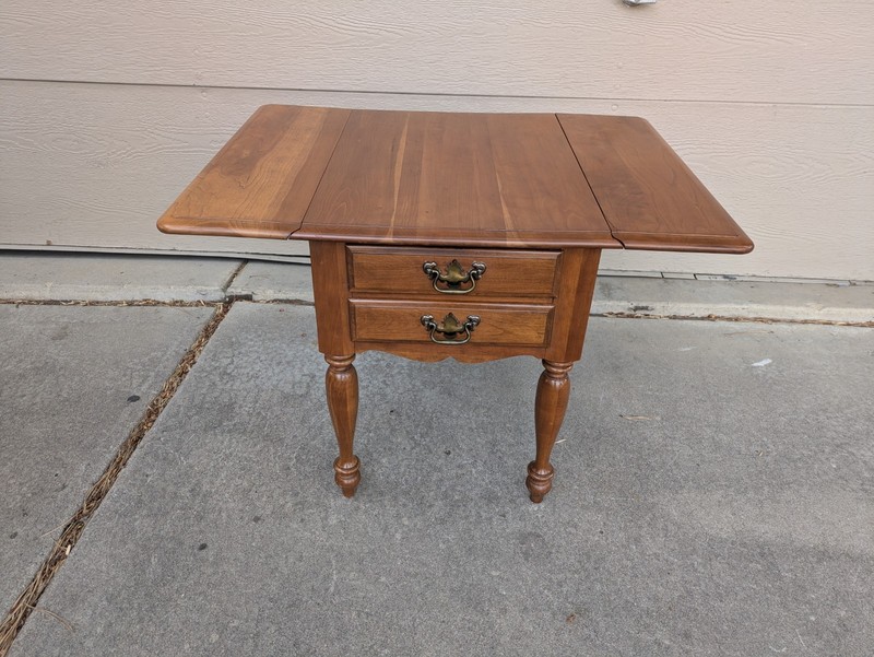 Vintage Rustic Country Colonial Solid Cherry Wood Drop Leaf 2-Drawer End Table A gallery