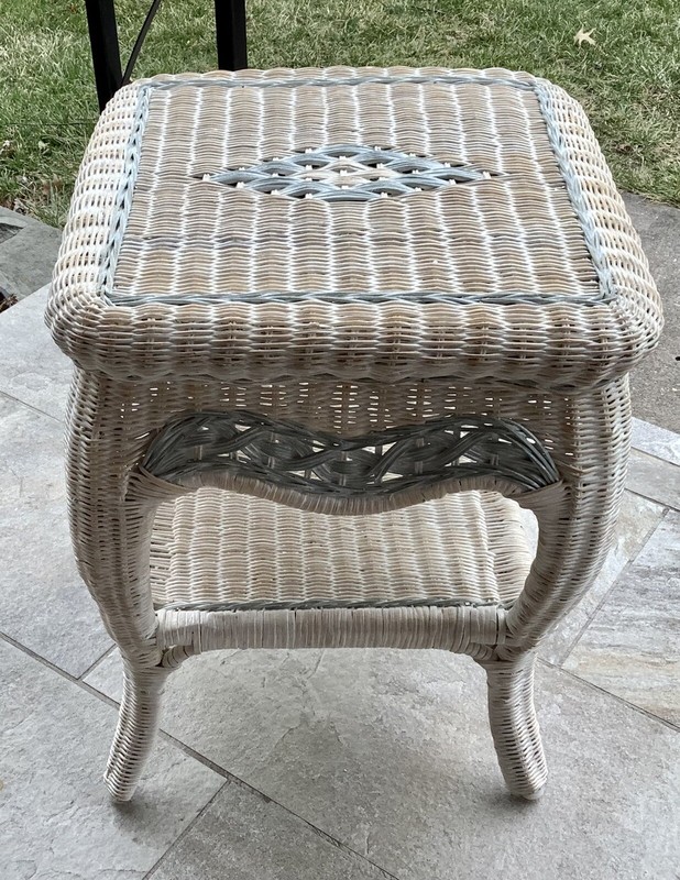 Vtg Wicker / Rattan Two Tier Accent/Side Table Blue Accents REDUCED FROM $85