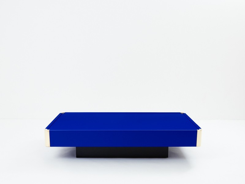 Willy Rizzo Majorelle blue lacquer and brass coffee table 1970s