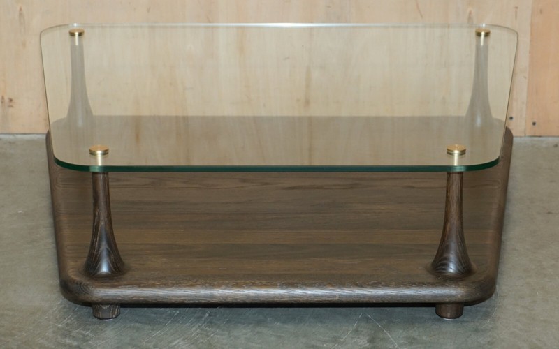 DECORATIVE DESIGNER GLASS & SEARED OAK TWO TIER COFFEE TABLE LOVELY PATINA gallery
