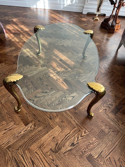 VINTAGE TABLE+ Four Solid Brass Legs Glass Top Coffee Table Curved Leaf Design