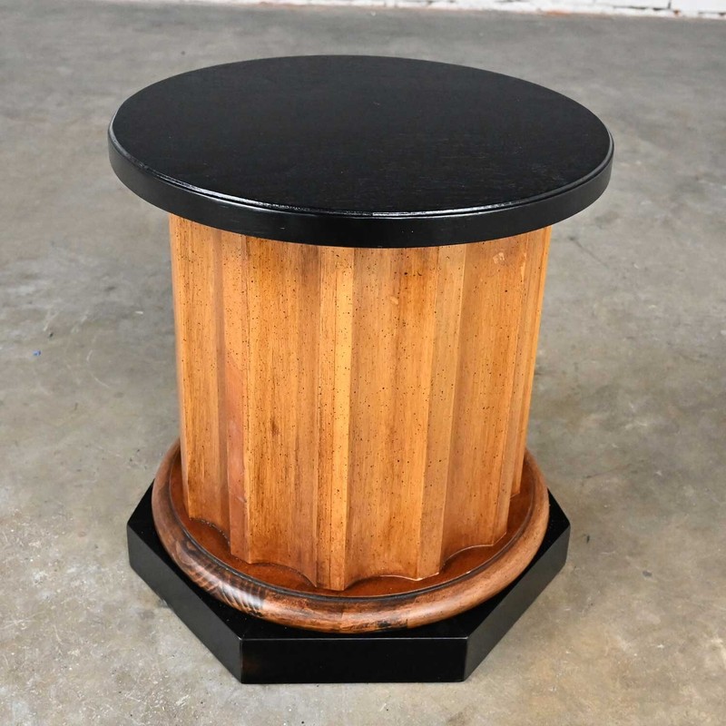 Late 20th Century Neoclassic Revival Walnut Toned Wood & Black Column End Table