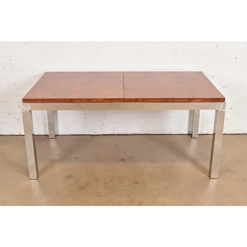 Leon Rosen Mid-Century Modern Burl Wood Extension Dining Table, Newly Refinished gallery