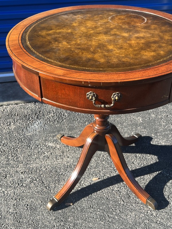 Antique Mahogany Drum Table: Leather Top, Drawer, Saber Legs Brass Paw Feet 27” gallery
