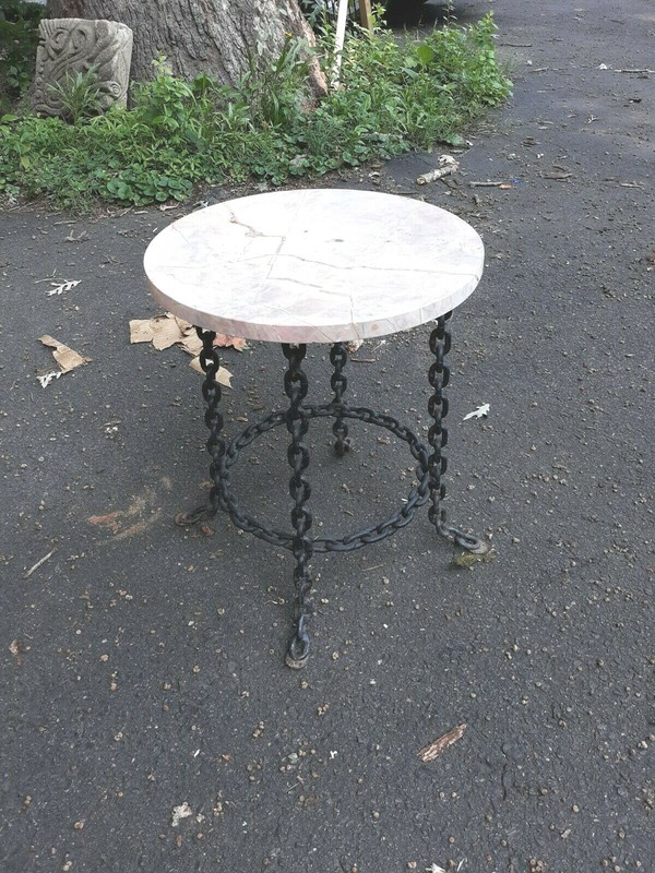 Antique Industrial Welded Chain Marble Top Garden Table Stand
