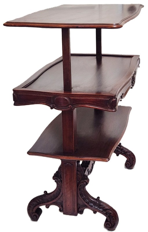 Dumbwaiter, Butler Stand, Serving Table, Metamorphic Shelves, Walnut, Rococo,36″