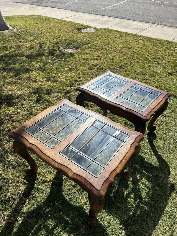 Antique French Style Glass Top Side Tables, Brown Wood, Carved Legs, 28x22x20