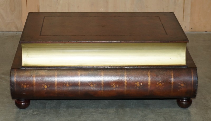 FULLY RESTORED BROWN LEATHER SCHOLARS STACK OF BOOKCASE COFFEE TABLE DRAWERS gallery