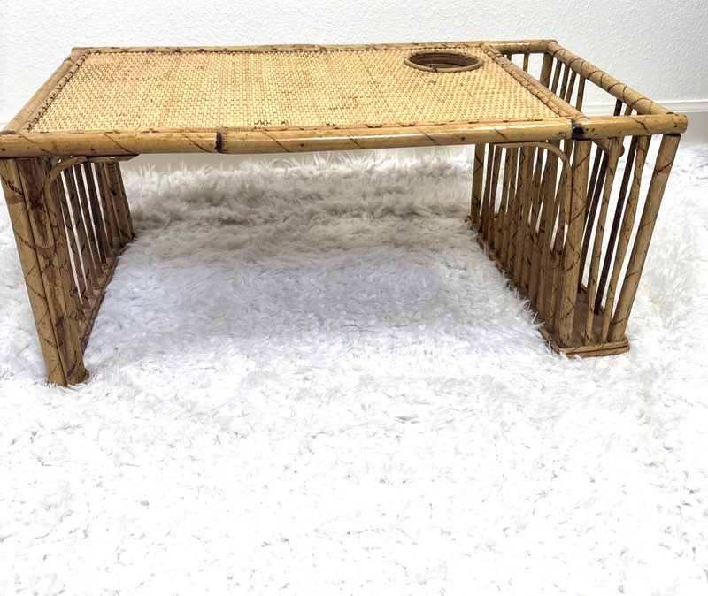VTG 1970s Bamboo and Rattan Bed Tray Breakfast Tray Lap Desk Cup Magazine Holder