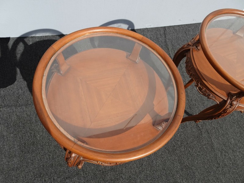 Vintage French Rococo Louis XVI Style Brown Ornately Carved Side Tables Two Tier gallery