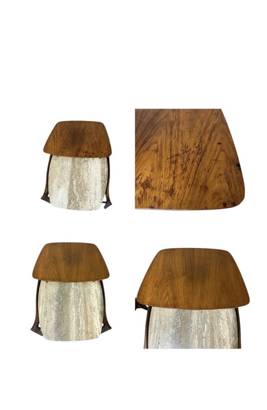 Mid Century Bertha Schaefer Walnut Travertine Top Step Side End Tables Stands gallery