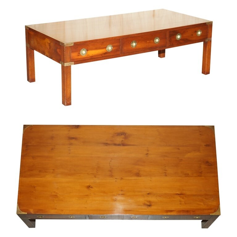 FULLY RESTORED BURR YEW & ELM BRASS MILITARY CAMPAIGN 3 DRAWER COFFEE TABLE