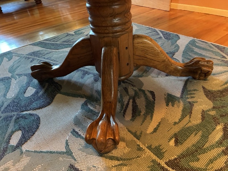 Antique Tigerwood Oak Table round 45” round 30” Tall claw feet gallery