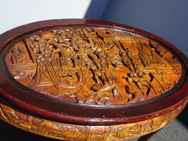 Vintage Chinese Asian Ornately Carved Golden Brown Coffee Table w Four Stools gallery