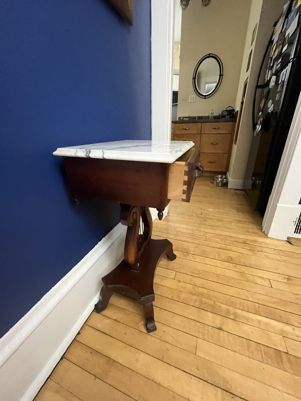 Hand Carved Mahogany Table, Italian Marble Top Circa 1940-1950 gallery