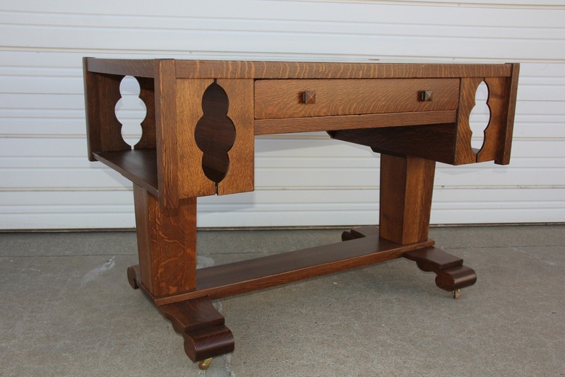 Beefy Antique Arts & Crafts Mission Oak Library Desk Table Bookshelf Ends Office gallery