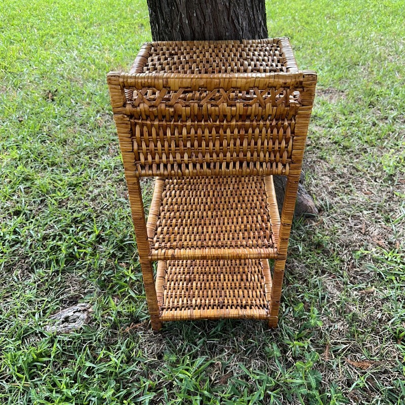 Vintage 26” Bamboo Woven Rattan Wicker Side Table 4 Shelves Bohemian Beach Brown gallery