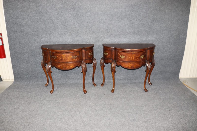 Pair of Inlaid Walnut Edwardian Style Consoles by John Richard with Parrots gallery