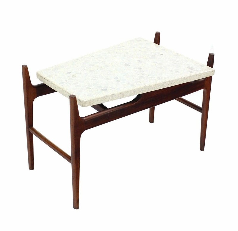 Unusual Trapezoid Travertine Terrazzo Top Oiled Walnut Base End Side Table MINT gallery