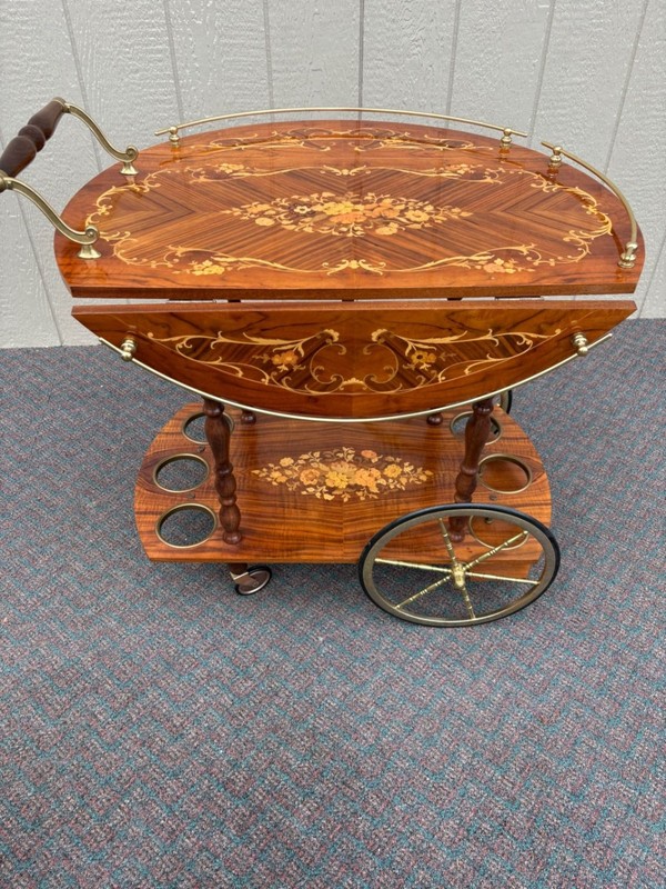 67588 Italian Inlaid Wood Tea Cart with Floral Marquetry and Brass Accents gallery