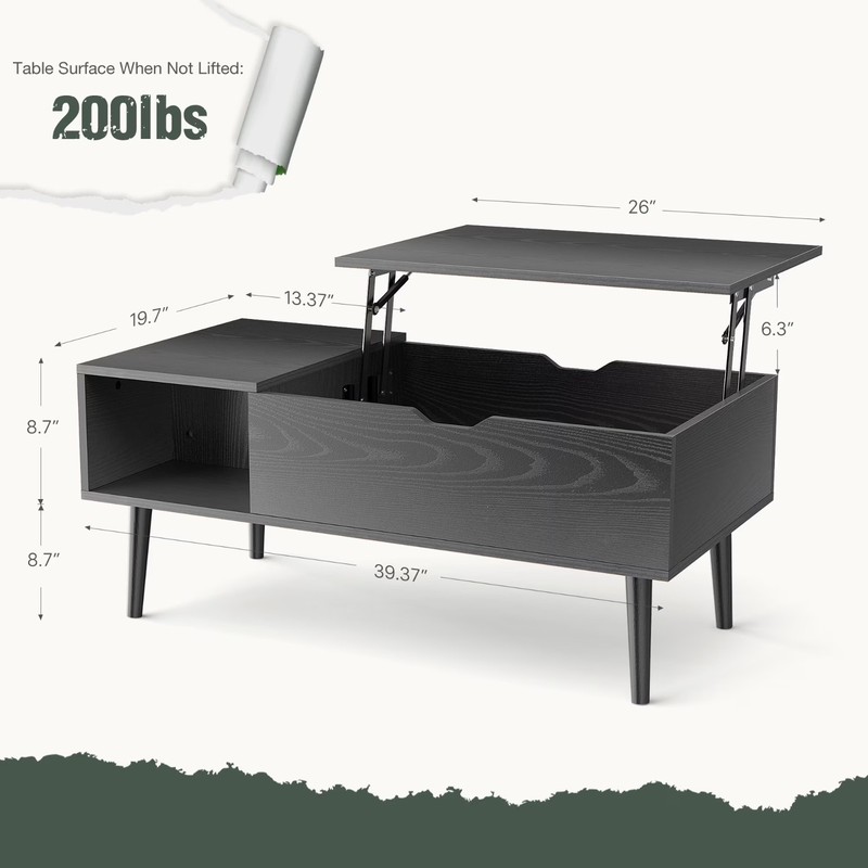 Gianna 39.4"Lx19.6"Wx17.4"H Wood Lift Top Coffee Table with Hidden Compartment gallery