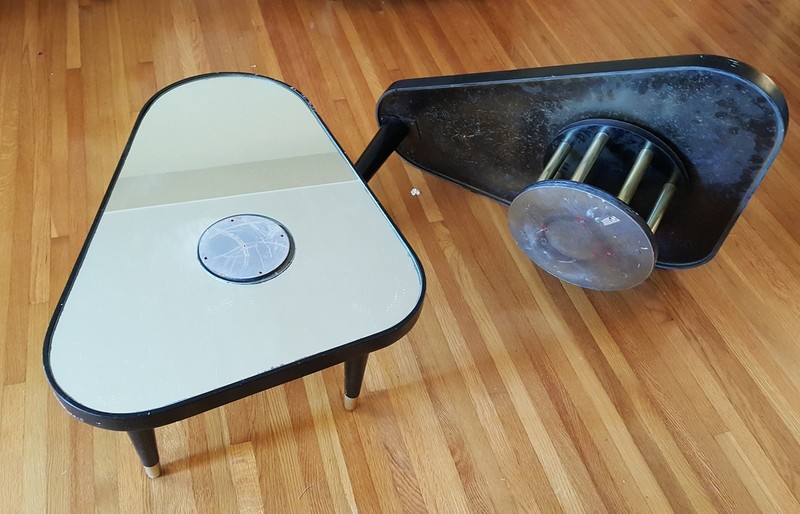 VINTAGE ANTARES TRIANGULAR EBONIZED LACQUERED MIRROR TOP SWIVEL SIDE TABLE gallery