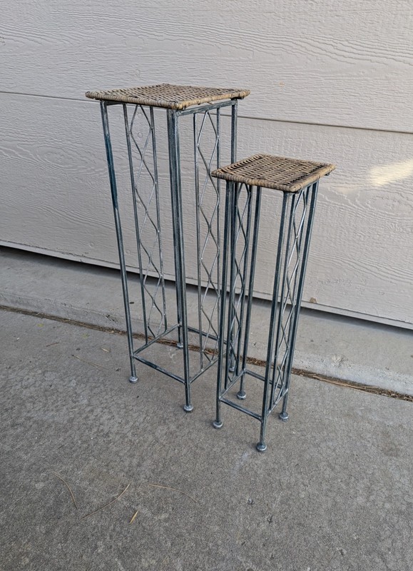 Vintage Set 2x Rustic Shabby Chic Wrought Iron Wicker Rattan Plant Stand Tables gallery