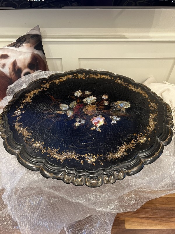 Antique Victorian Paper Mache&Mother of Pearl Inlaid Tilt Table TOP ONLY 4 Parts