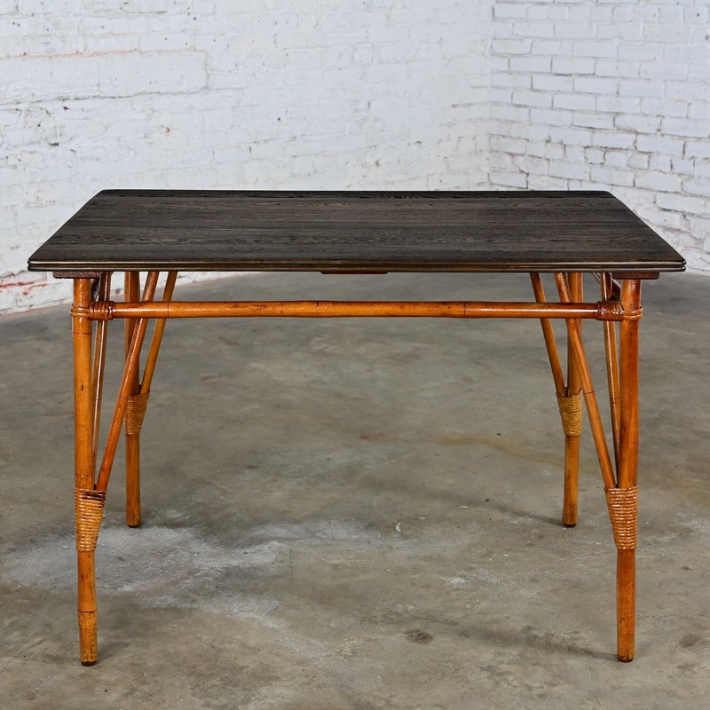 Mid 20th Island Style Rattan Dining Table with Ebony Stained Hardwood Top gallery