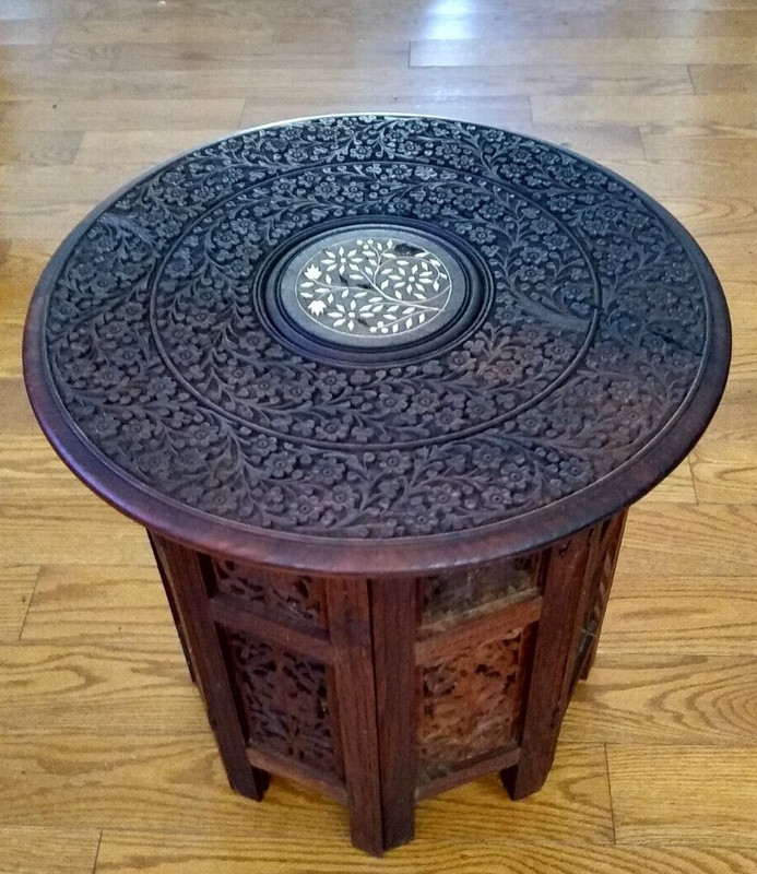 Amazing Antique Inlaid Beautifully Hand Carved Octagonal Indian Side Table gallery