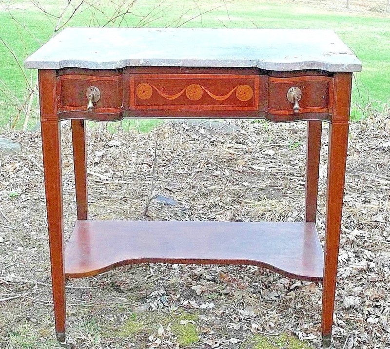 ANTIQUE EDWARDIAN ART NOUVEAU ONE DRAWER MARBLE TOP INLAID MAHOGANY SIDE TABLE