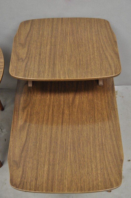 Vintage Mid Century Modern Walnut & Formica Round & Step Side Table Set - 2 pcs gallery