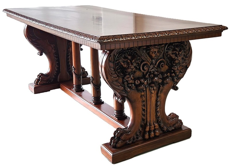 Library Table, Renaissance, Lions, Cherub, Carved Walnut, Century Furniture, 73" gallery