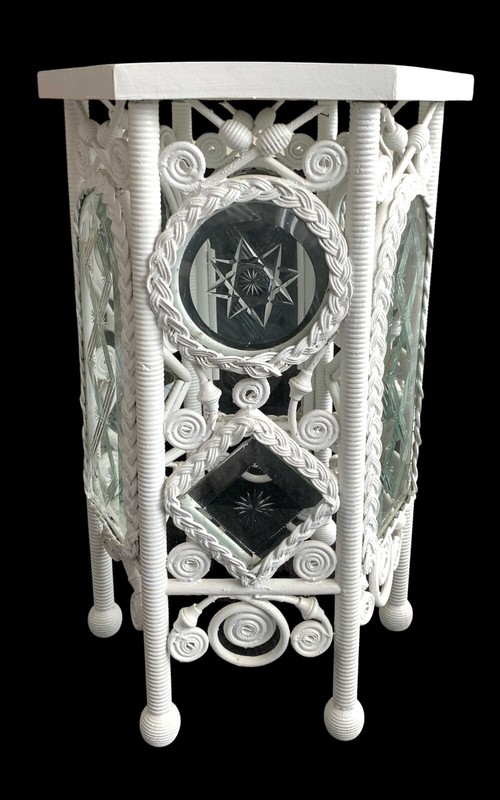 Antique Wicker Table ~ leaded & etched glass panels ~ rare ~ 1890s ~ hexagon gallery