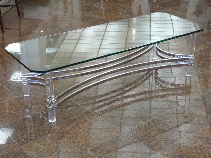VINTAGE 70's MODERNIST CHARLES HOLLIS JONES CHROME LUCITE GLASS TOP COFFEE TABLE gallery