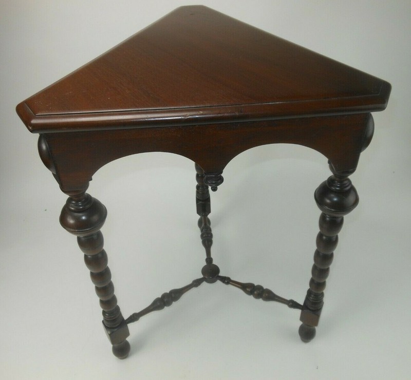 Antique Kittinger Triangle Walnut Table Stand w Turned Legs Triangle Top gallery