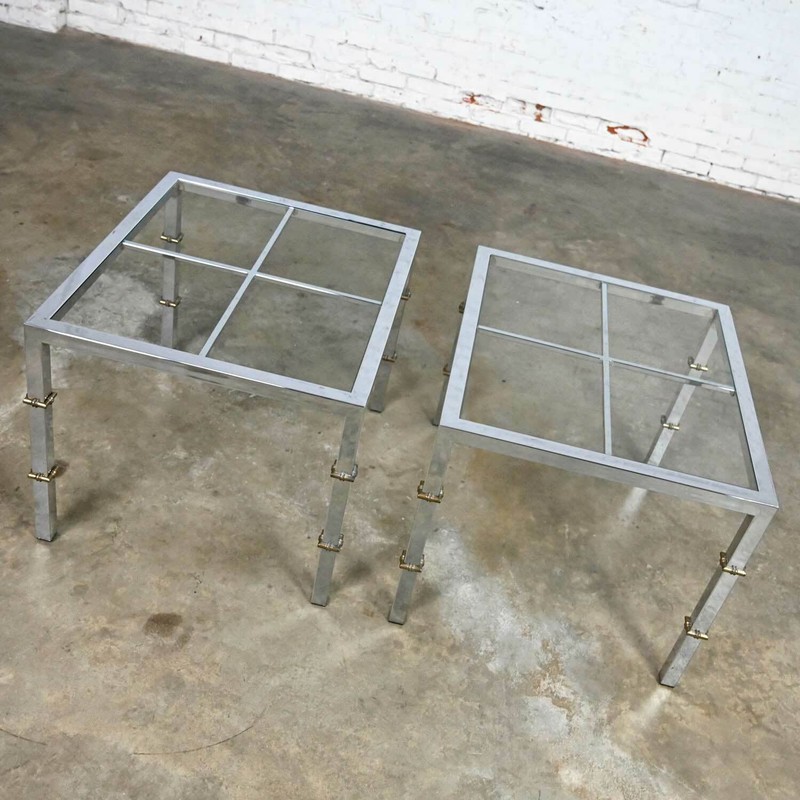 Hollywood Regency Chrome & Glass Square End Tables Brass Details a Pair