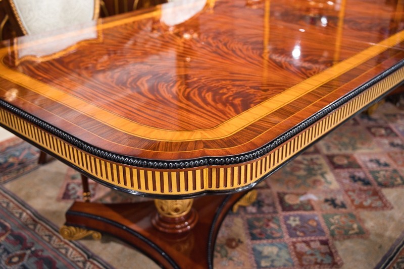 10' Heavy traditional flamed mahogany 2 pedestal formal dining table gold accent gallery